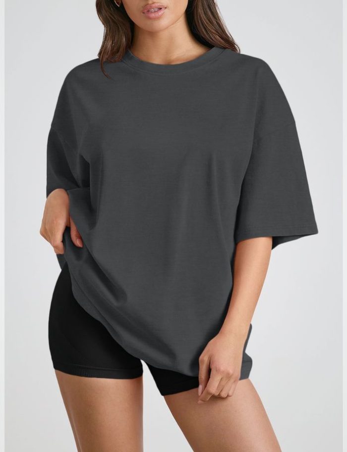 Trendy Queen Womens Oversized Summer T Shirts Fashion Workout Plus Size Tops Short Sleeve Beach Vacation Gym Clothes 2026 BlackGrey L